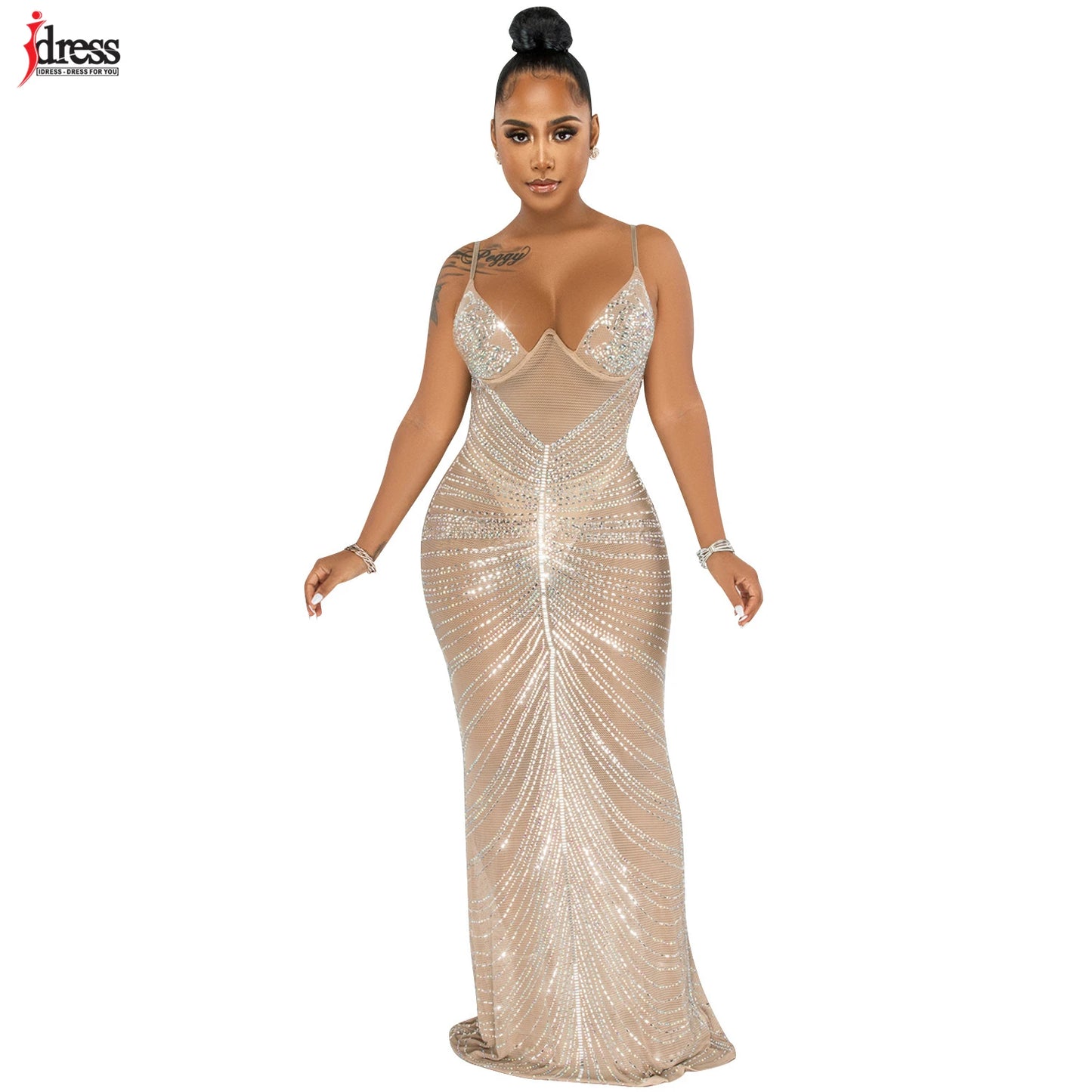 Sexy Sparkle Mesh Sheer Rhinestones Maxi Dress