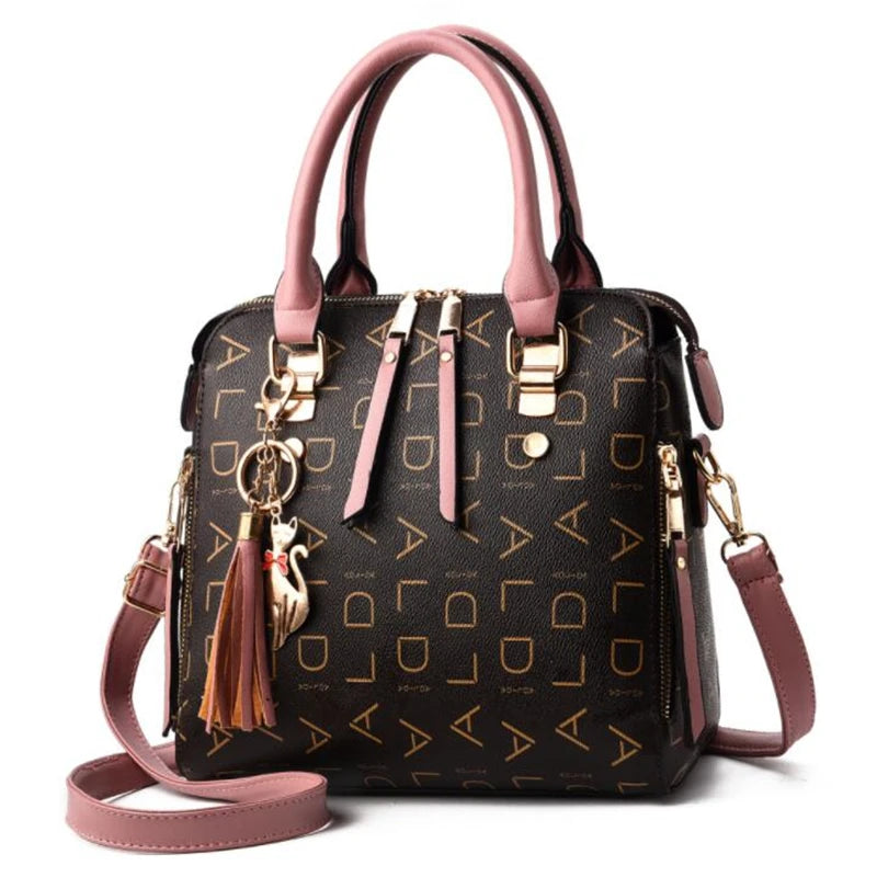 Fashion English Letter Handbag Women PU Leather Tassel Top-handle Bag Luxury Shoulder Bag