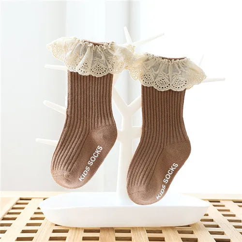 Lawadka Newborn Baby Girl Socks Lace Baby Knee Socks Anti Slip Cotton Socks for Girls Princess Long Autumn Winter Stockings 0-3T