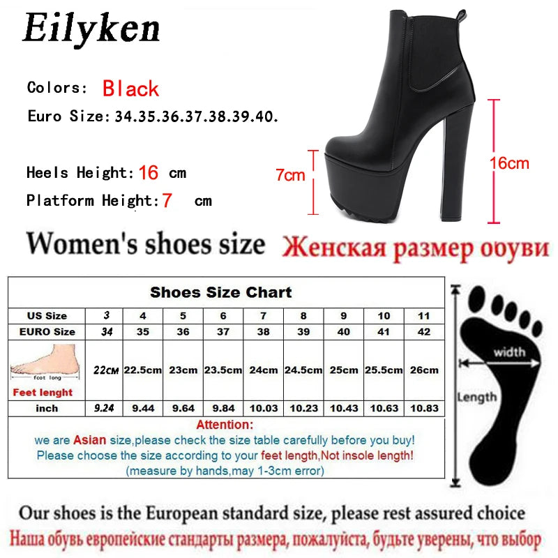 Winter Platform High Heels Women Ankle Boots Black PU Leather Round