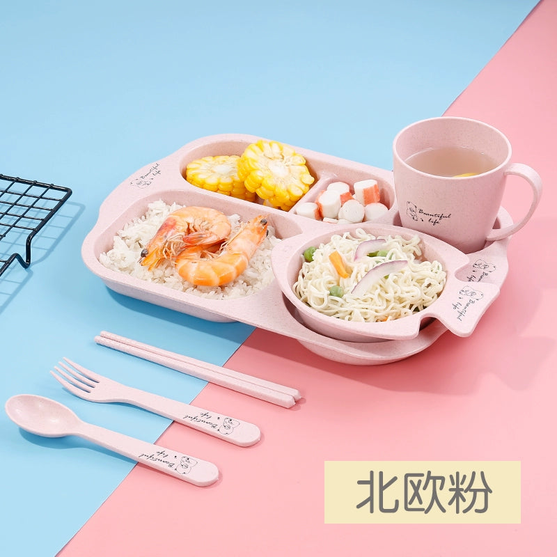 Wheat Straw Baby Tableware Set Children's Dinner Plate Grid Cartoon Drop-Resistant Cute Baby Kindergarten Eating Bowl