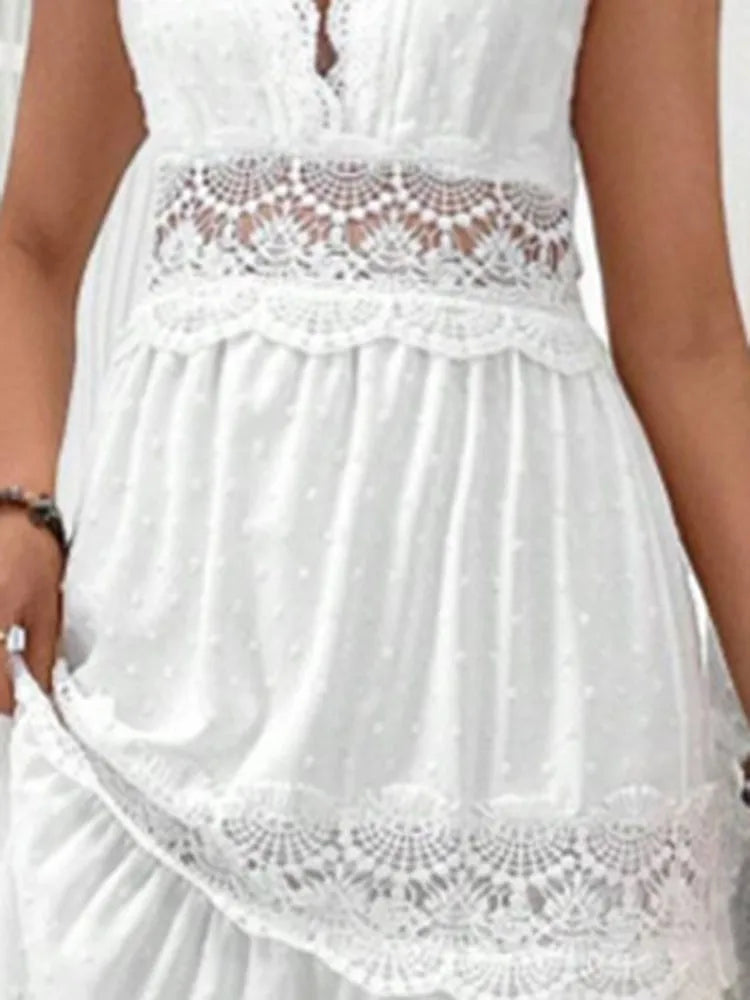 Women's White Party Dress Fashion Lace V-neck Ruffle Hook Flower Hollow Waist Maxi Dresses