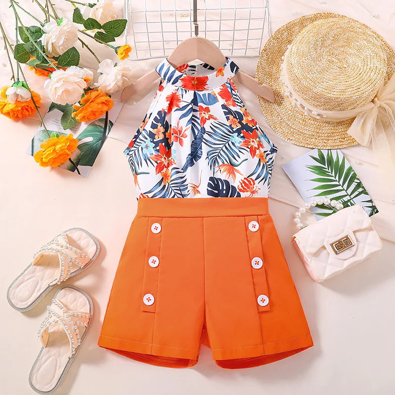 4-12Y Summer Sets For Girls Outfits Sleeveless Halter Neck Heart Top and Black Shorts Children Teenager