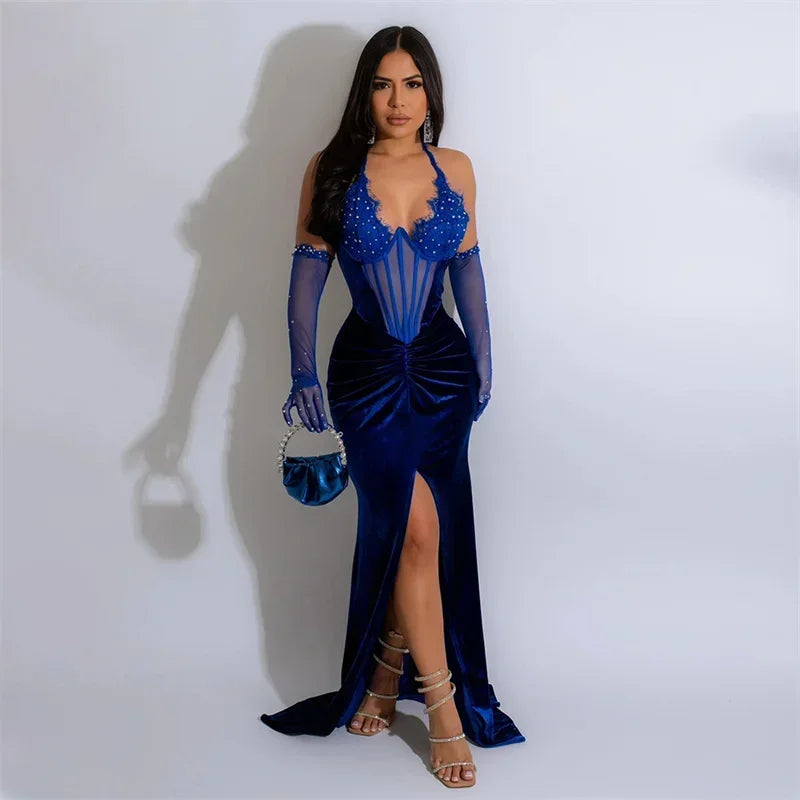 Halter Lace Up Women Lace Rhinestone Fish Bone Mesh Slim Split Sexy Maxi Dress