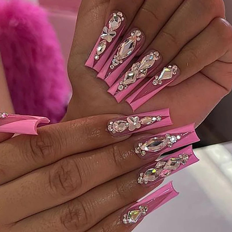 24Pcs Full Cover False Nails With Glue Long Square Coffin Fake Nails French Detachable Ballet Butterfly Pattern Design Press On