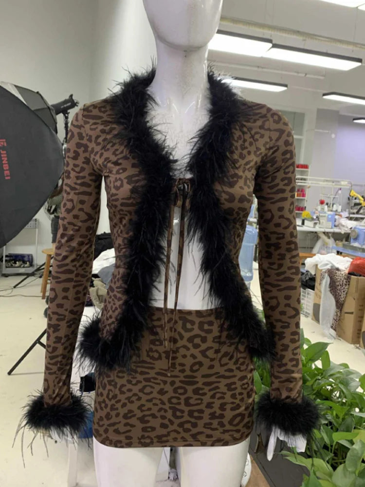 Weird Puss Leopard Print 2 Piece Set Sexy Women Y2k Furry Neck Cardigan Tops+Mini Skirts Midnight Club Vacation Matching Suits