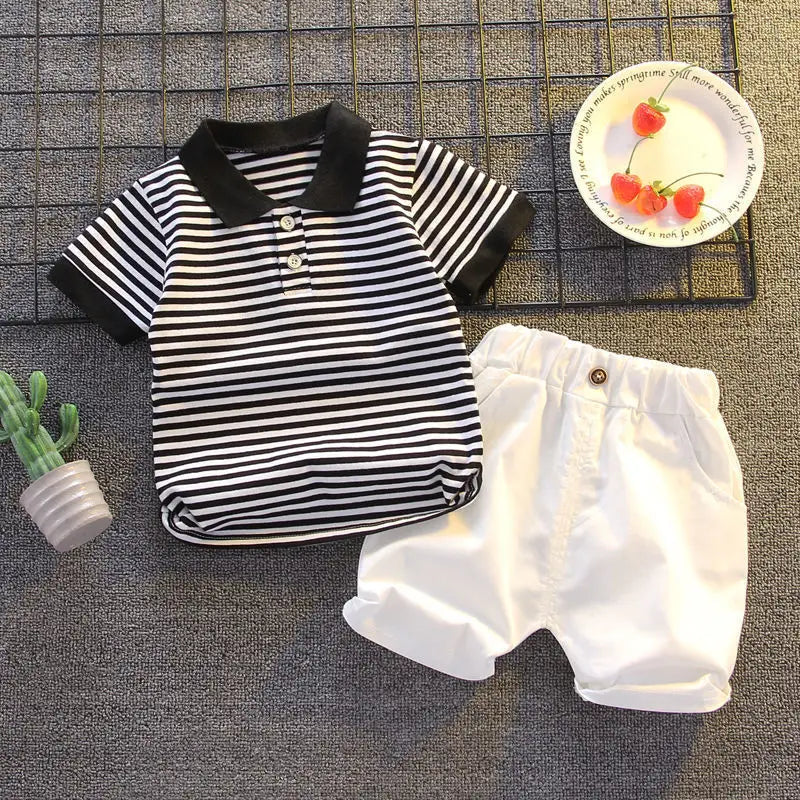 Boys Summer Sets Children Lapel Striped Top Solid Colour Trousers Two-Piece New Baby Fashion Casual Suit 12M-5 Years Old