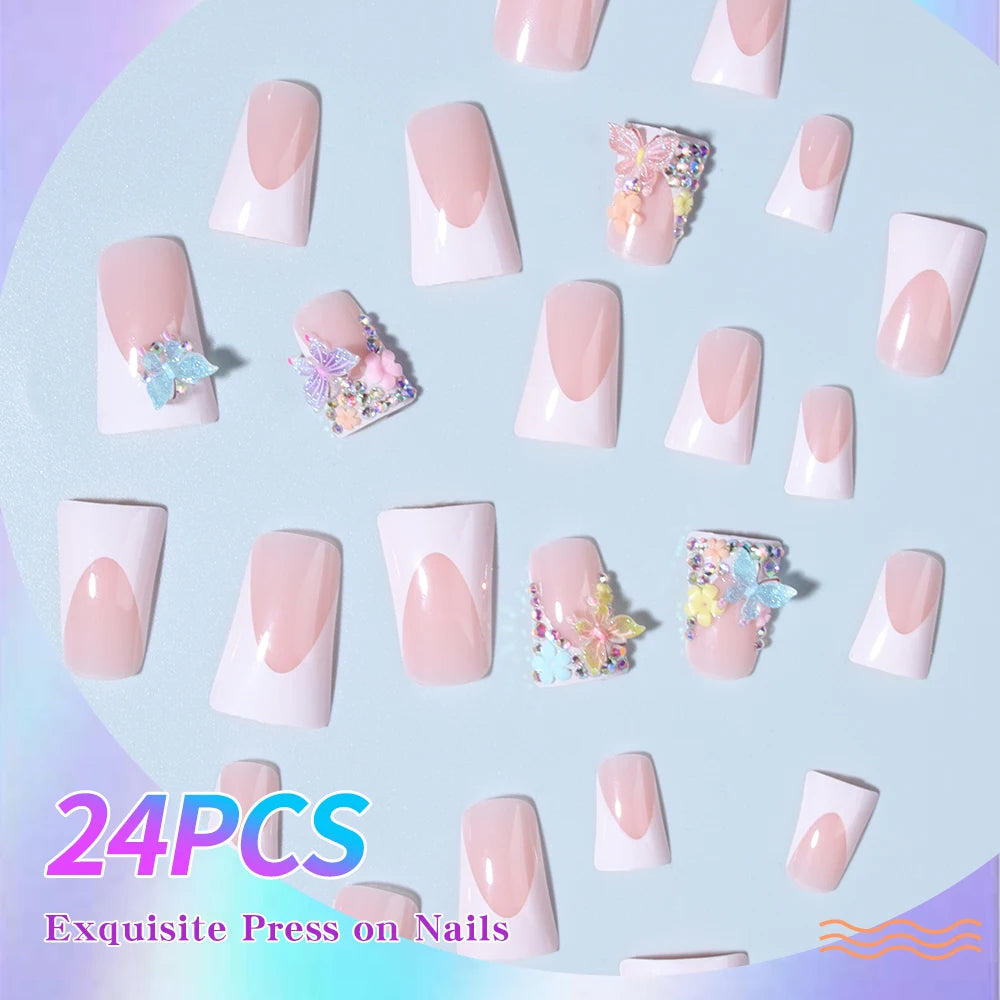 24pcs medium fake nail white French duck feet, colorful 3d butterfly flowers design, full cover press on nail,suitable for women