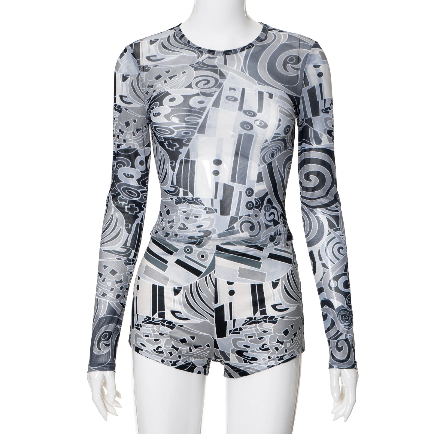 Streetwear Sexy Womens Cloting 2 Piece Set Fashion Print Mesh Sheer