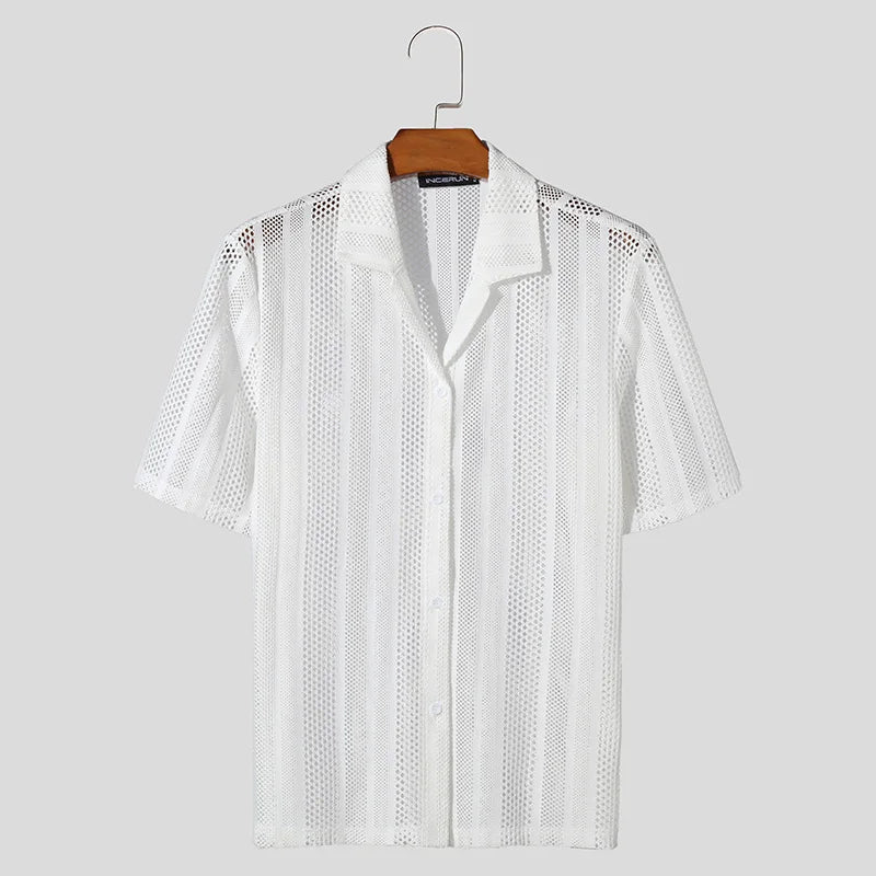 INCERUN Men's Shirt Mesh Transparent Lapel Short Sleeve