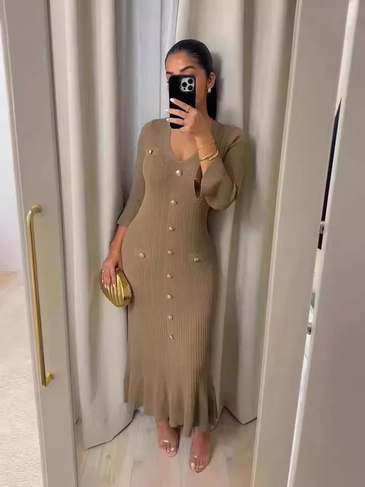 Elegant Knitted Long Dress Women Flare Sleelve V Neck Ruffles