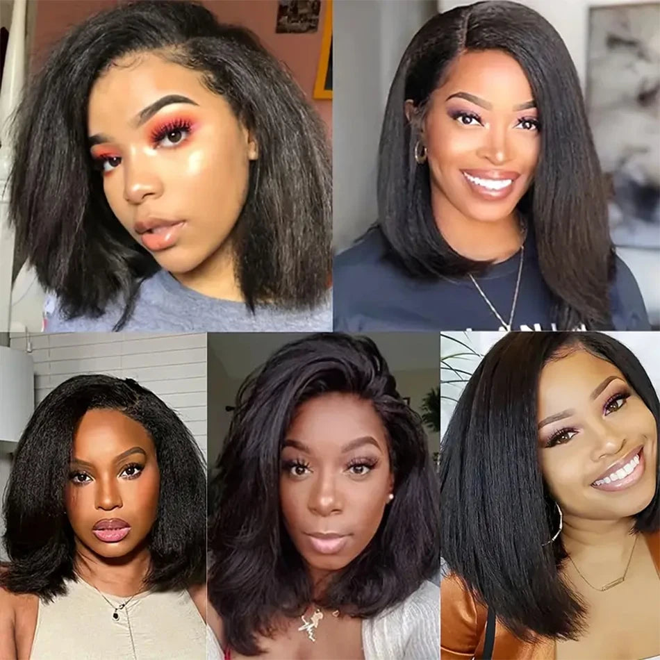 Glueless Kinky Straight 13x4 Lace Front Wig Short Bob Human Hair PrePlucked Wig