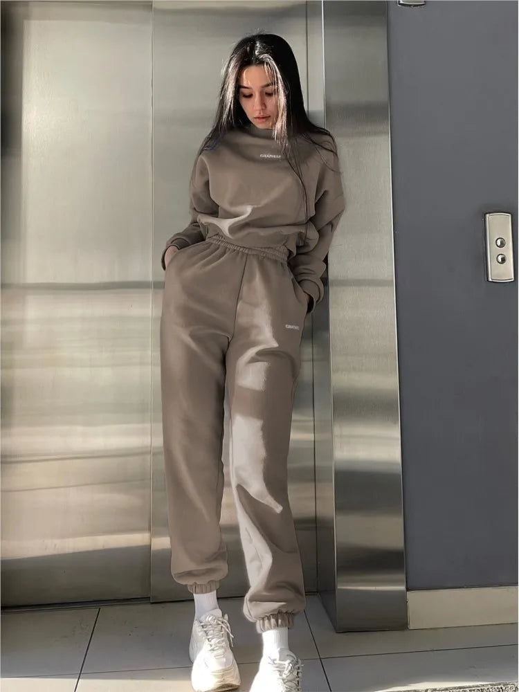 Autumn And Winter New Casual Sports Women's Suit Fashion Solid Color Simple Warm Pants Hoodie Female 2 Piece