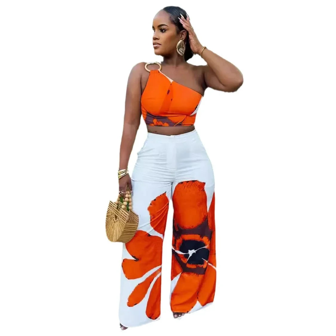 Floral Print Sleeveless Skew Collar Tops +Wide Leg Pants
