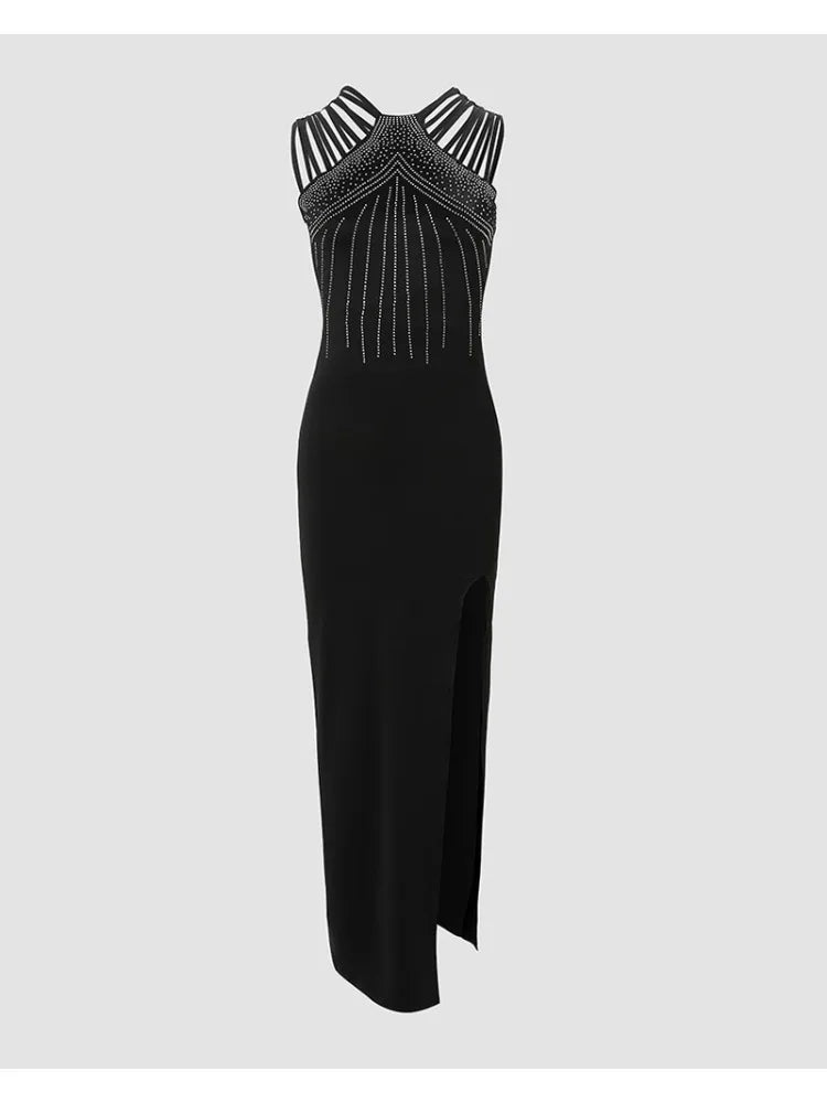 Slim Hot Rhinestone French Sleeveless High Slit Sexy Dress