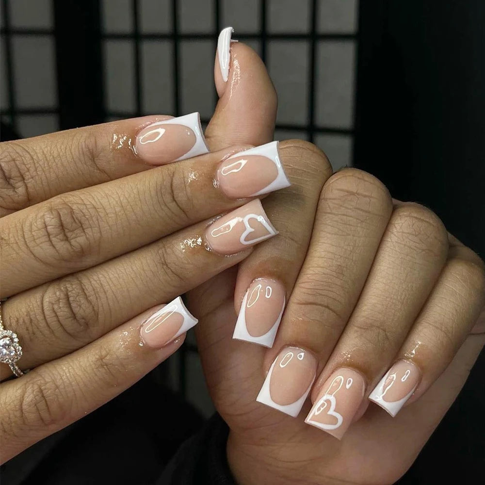 24pcs press on nails short Square Love Design fake press on nails golden french tip press on nails cute glitter press on nails