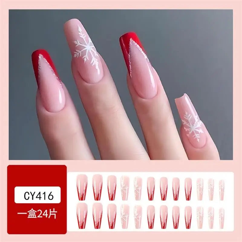 24pcs Glossy Short Ballet Fake Nails Christmas Red Press On Nails With White Snowflake Stripe Design Glitter French False Nails*