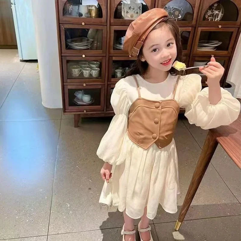 Spring Autumn Baby Suits Girl Vest + Long Sleeve Dresses 2piece Kids Cute Princess Dress Children Chiffon