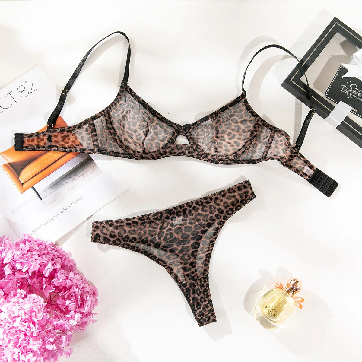 2 Pieces Sexy Leopard Print Transparent Underwire Bra Panty Set