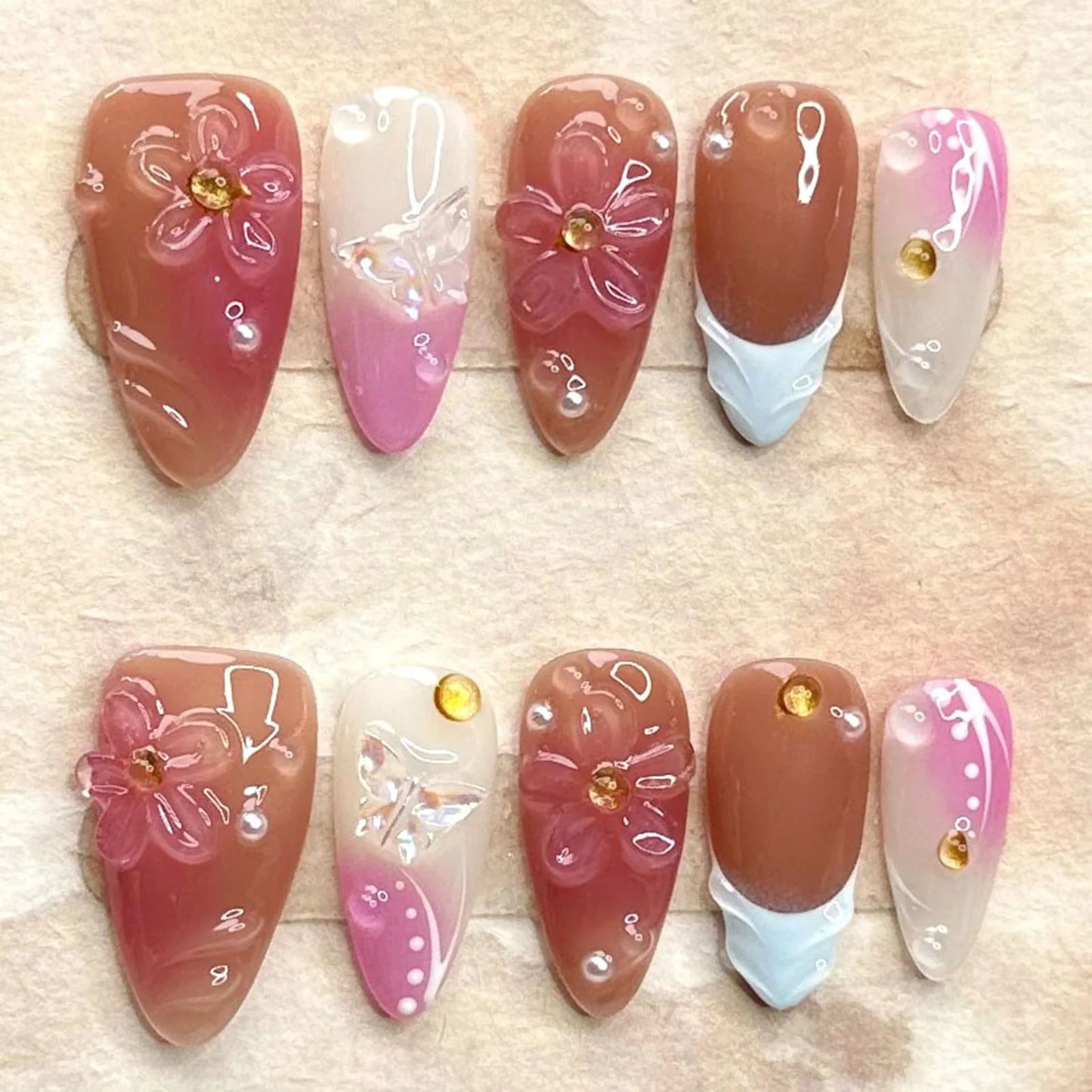 10pcs Handmade Press On Nails 3D Carving Flower Shells False Nails