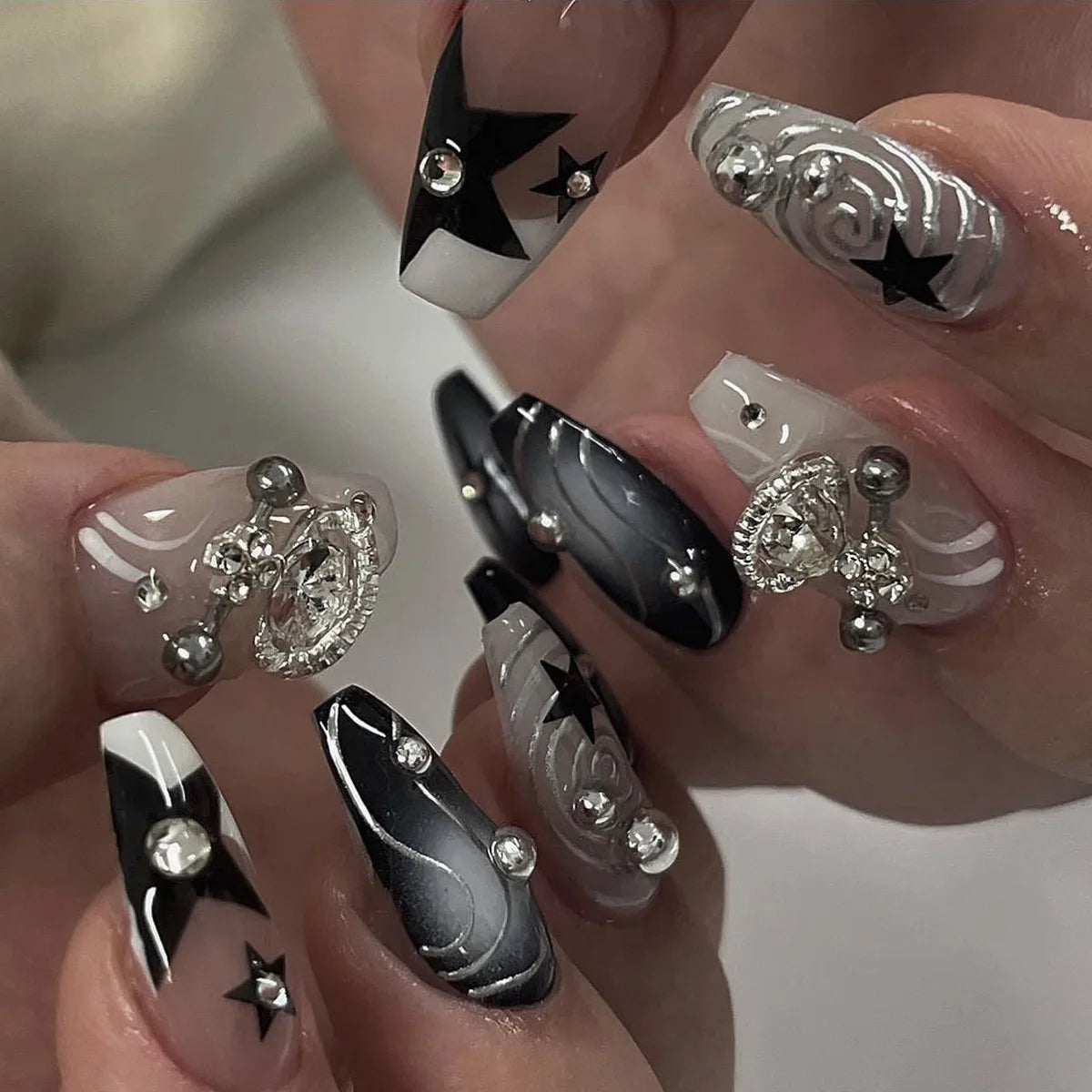 Ramadan Style False Nails with Gold Moon Star Design Almond Red French