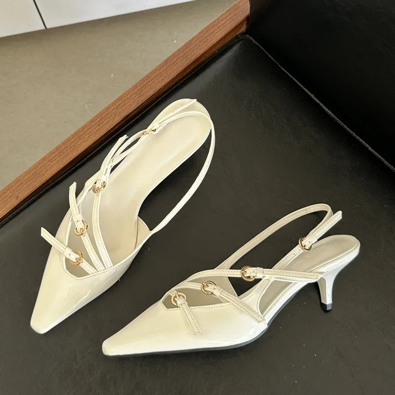 Eilyken Sexy Slingbacks Narrow Band Buckle Strap Pumps Women Pointed Toe Thin Heels Wedding Party Mule Shoes