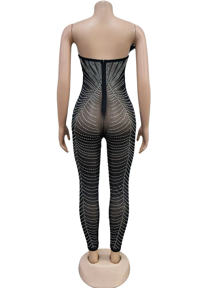Beyprern Start Your Engines Jumpsuit Sparkle Off Shoulder Sheer Mesh Feathers Crystal Night Jumpsuits Overalls Birthday Outfits