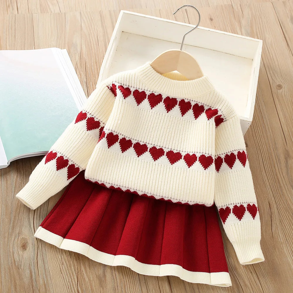 Girls' Sweater Suit Winter New Baby Girls' Knitted Set Long-sleeved Love Knitting Sweater+Skirt Two-piece Suit