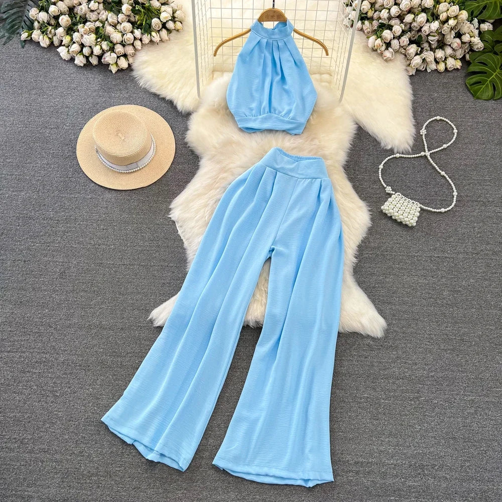 Two Piece Set Women Sexy Strap Short Tops + High Waist Wide Leg Pants Female Suit New