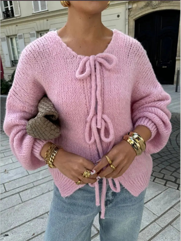 Casual Brown Lace Up Bow Knitted Cardigan O-neck Long Sleeve Sweater