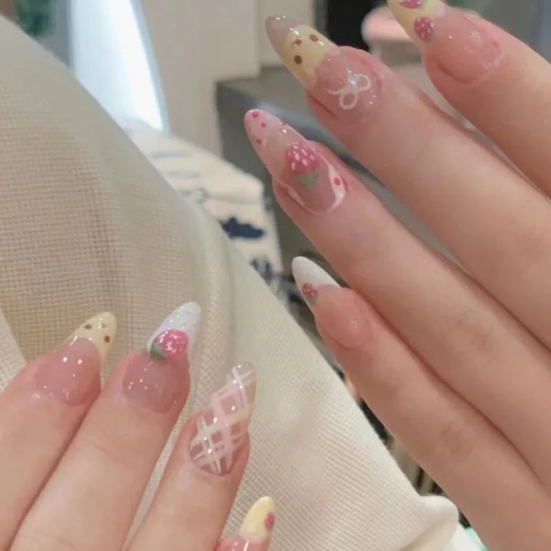 10Pcs Almond Press on Nails with Pink Strawberry Bear Design Acrylic