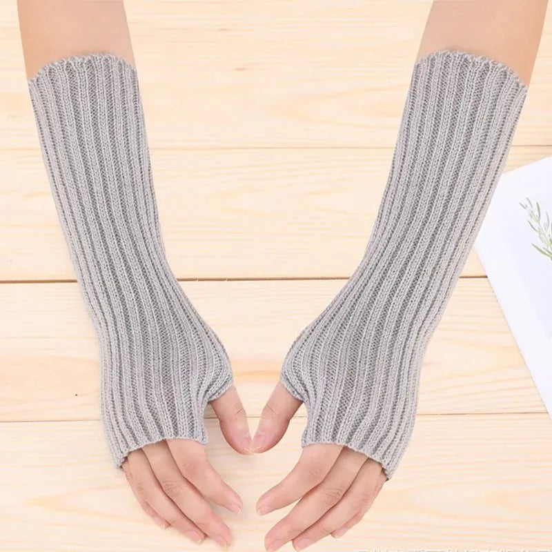 30cm Fingerless Gloves Women Winter Warm Arm Sleeve Knitted Arm Warmer Fine Mitten Casual Soft Goth Clothes Punk Gothic Gloves