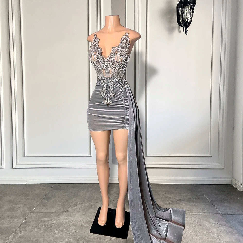 New Arrival V-neck Sheer Beaded Embroidery Women Birthday Party Gowns Silver Velvet Sequined Black
