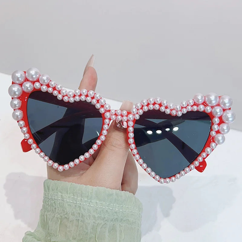 Fashion Large Frame Heart Designer Sunglasses Pearl-set
