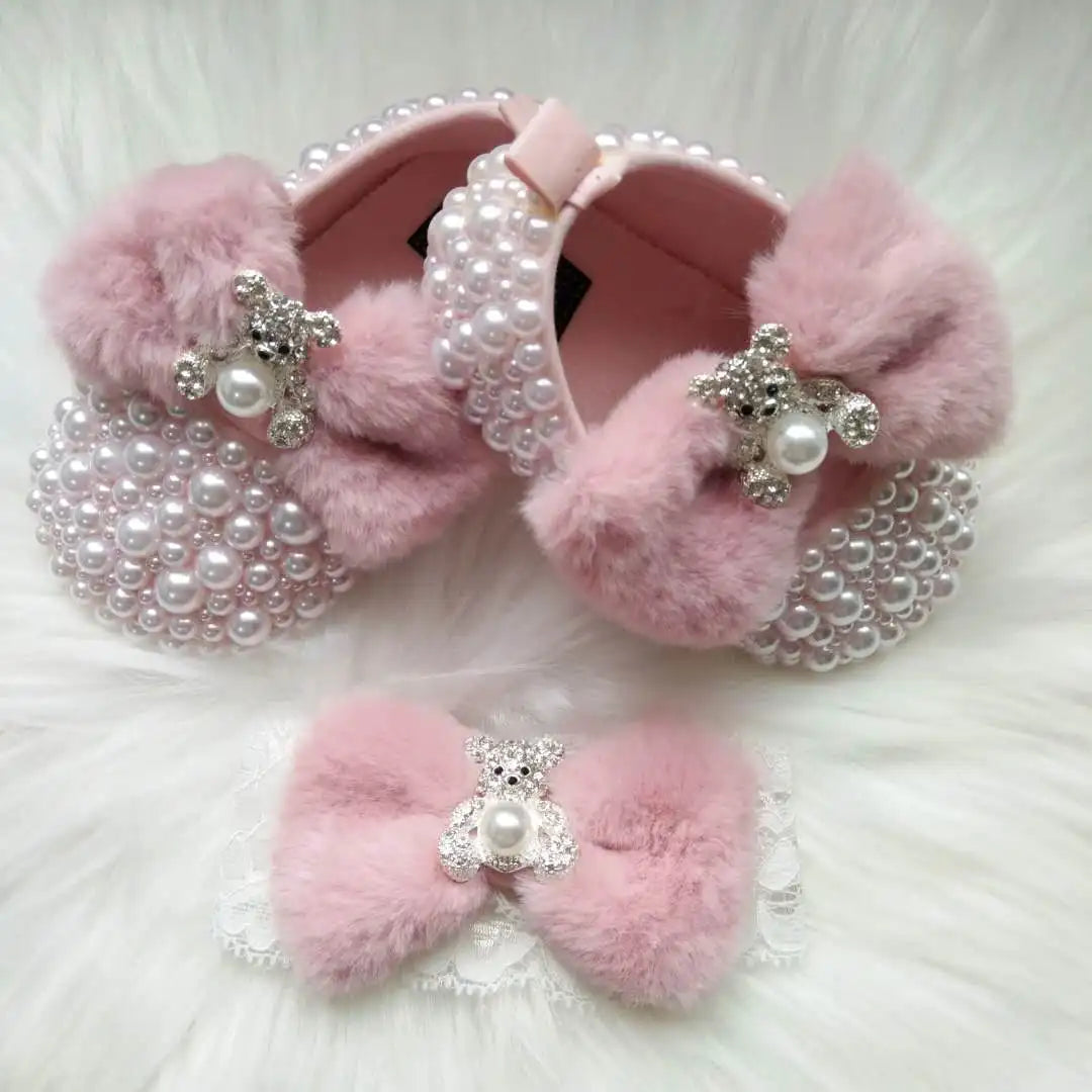 Dollbling Pink Furry Cute Bear Bow Bling Rhinestones Handmade Princess Newborn Baby Girl Shoes Wedding Party Ballet DIY Infant