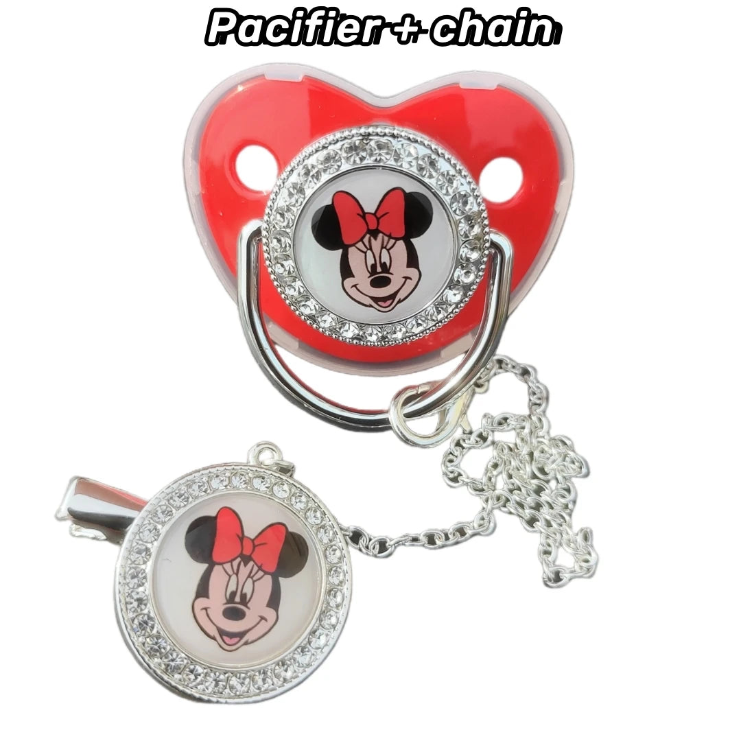 Red shiny baby silicone pacifier Weaning Comfort Nipple Soothing Silver chain pacifier clip Baby cartoon 3D printed hat gift