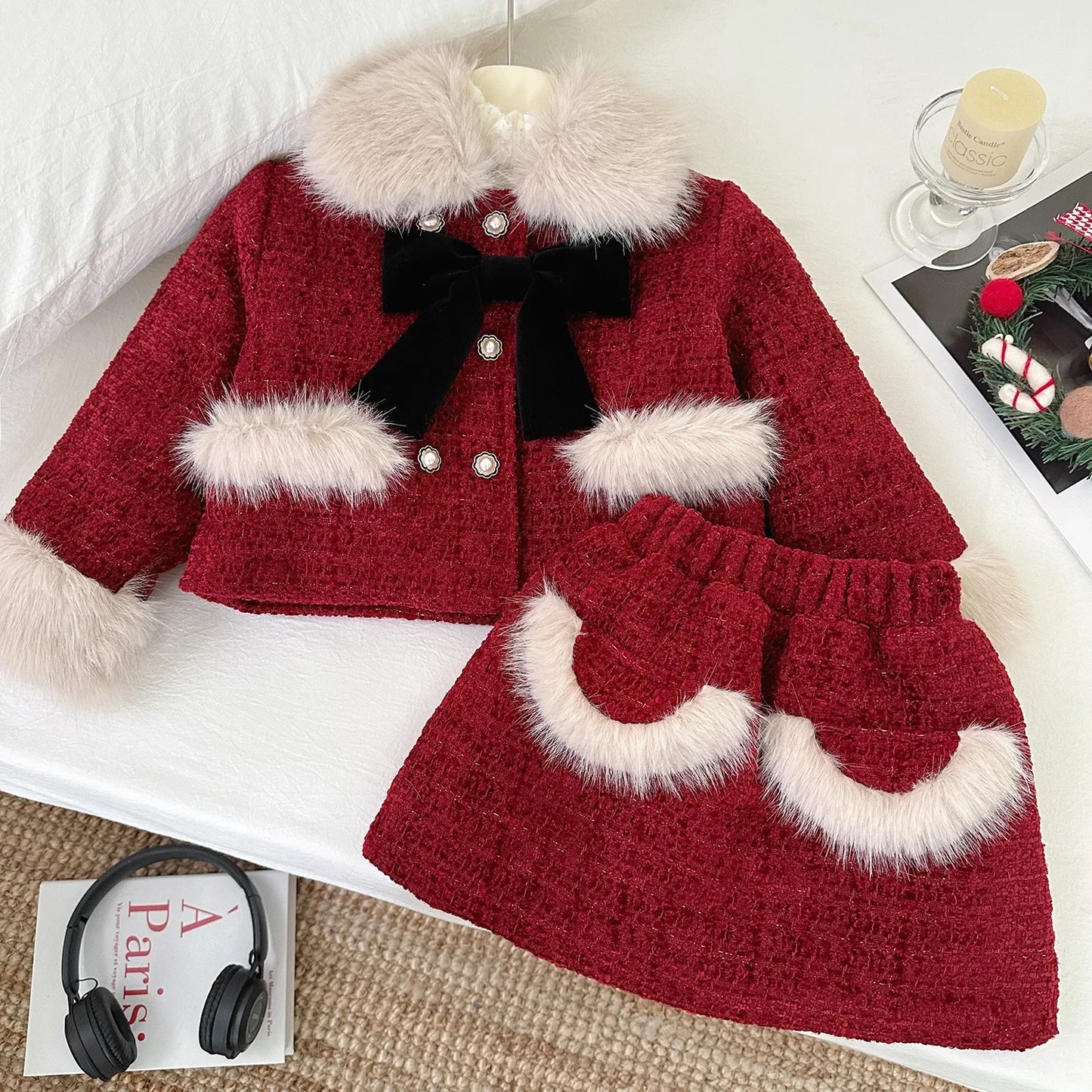 Girls' Suit Winter New Korean Version of Girls' Pink Small Fragrance Long-sleeved Coat + Skirt Two-piece Set Girl Clothes