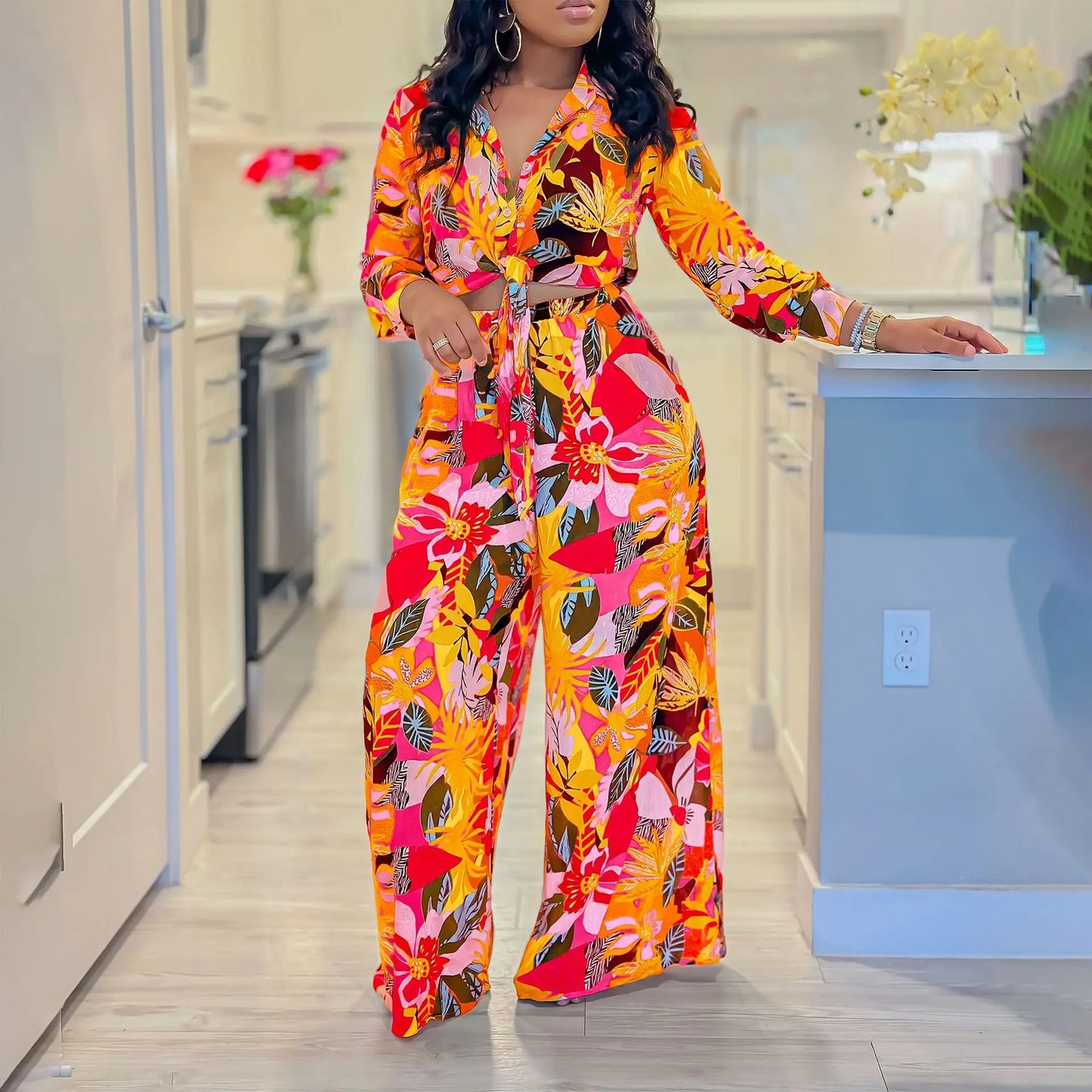 New Long Sleeved Printed Suit For Women Fashion Lapel Single Breasted Shirt Wide Leg Trousers Two Piece Set