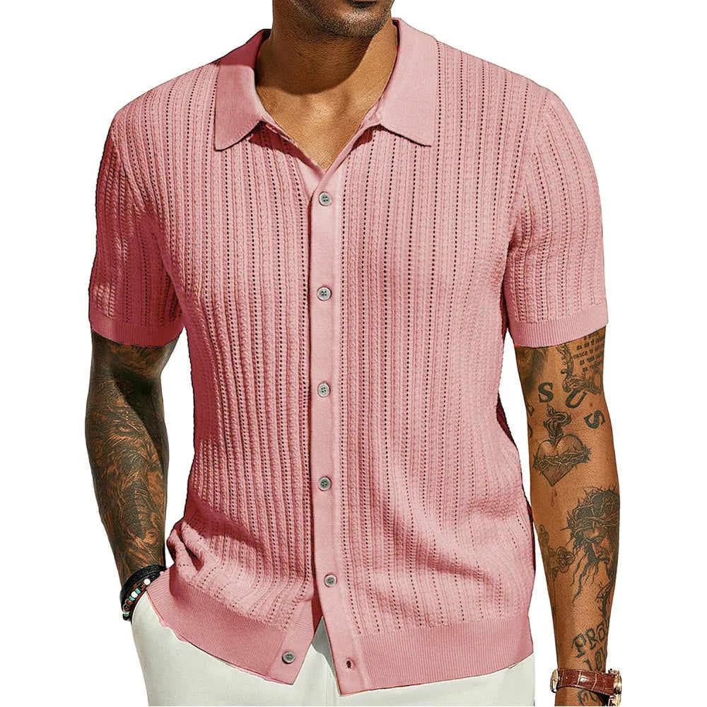 2025 New Men's Casual Tops Summer Cool Knitted Men's Shirts Short-sleeved Lapels Solid Color Hollow Breathable Clothing