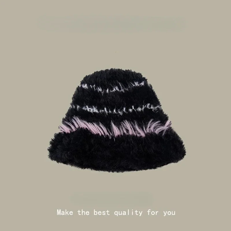 Japan Fashion Plush Fisherman Hat Women's Autumn and Winter Make Your Face Look Smaller Rabbit Fur Knitted Hat Big H...