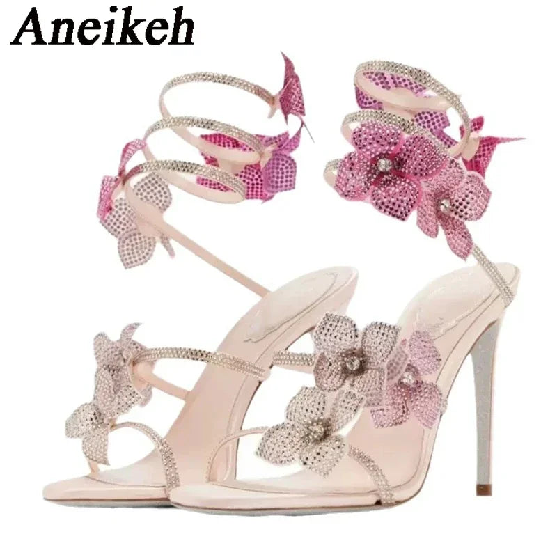 Aneikeh Sexy CRYSTAL Flower Narrow Band Ankle Strap Sandals Woman Thin High Heels Street Style Pole Dancing Ladies Shoes