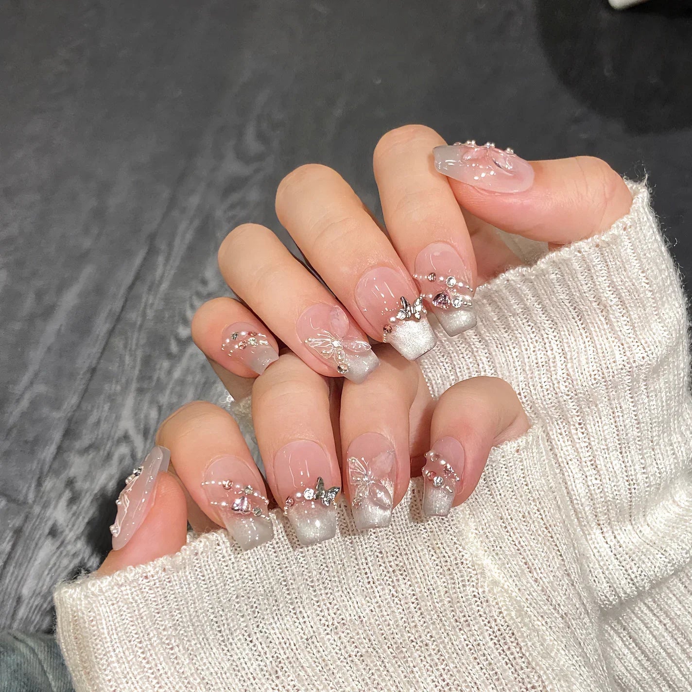 10Pcs Flower Butterfly Handmade Press on Nails Acrylic Nail Tips