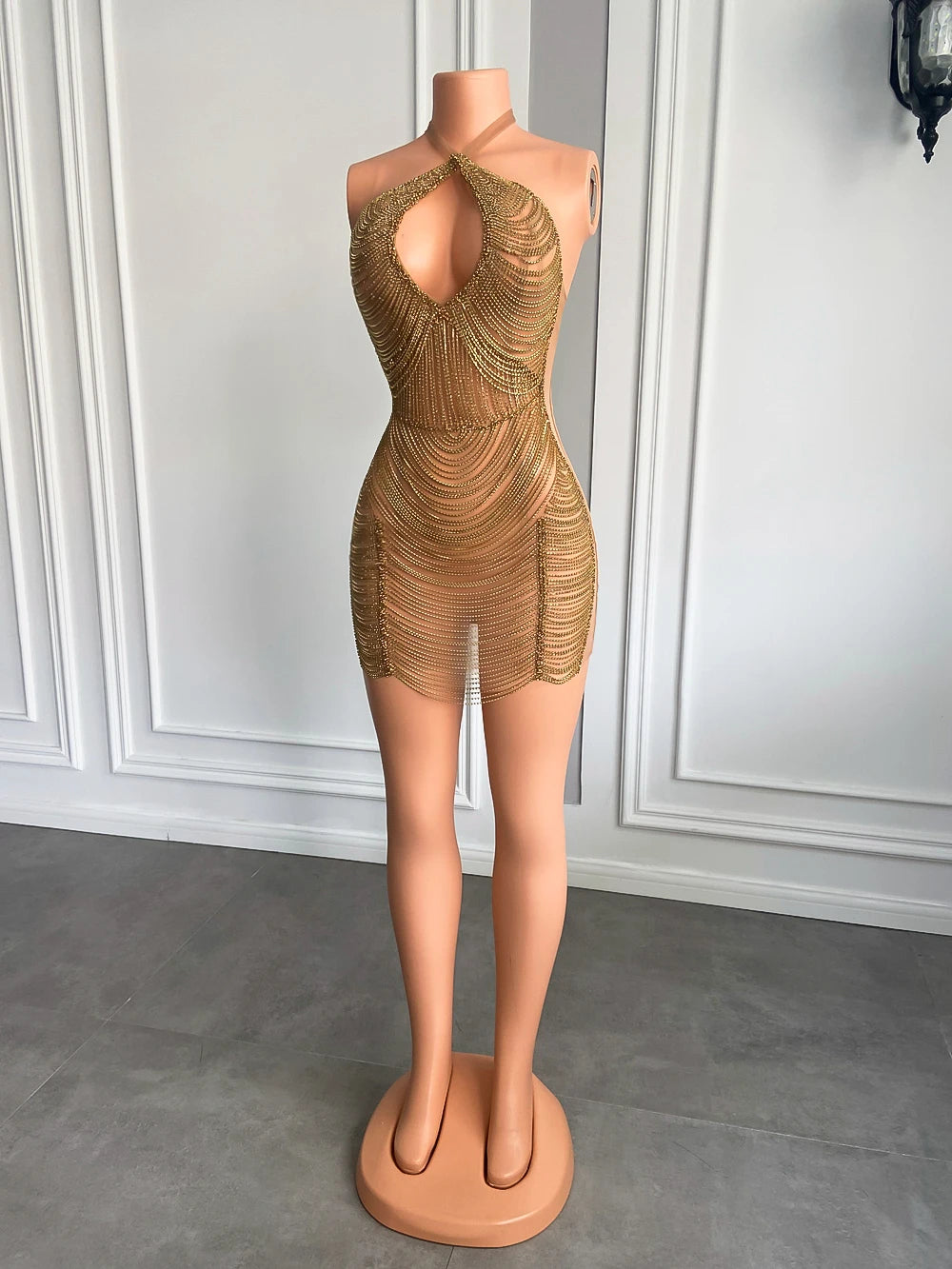 Luxury Halter Sleeveless Real Cocktail Gowns Black Girl Gold Short Mini Prom Dresses