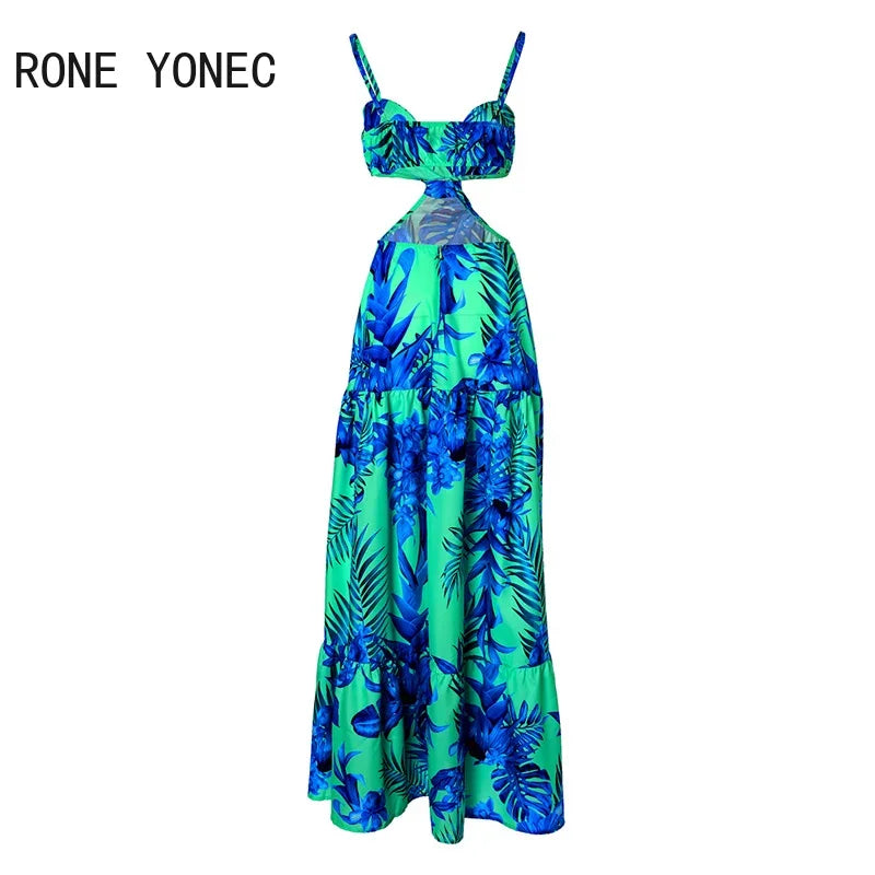 Women Elegant Sexy Spaghetti Straps All Over Print Midriff Maxi Dress