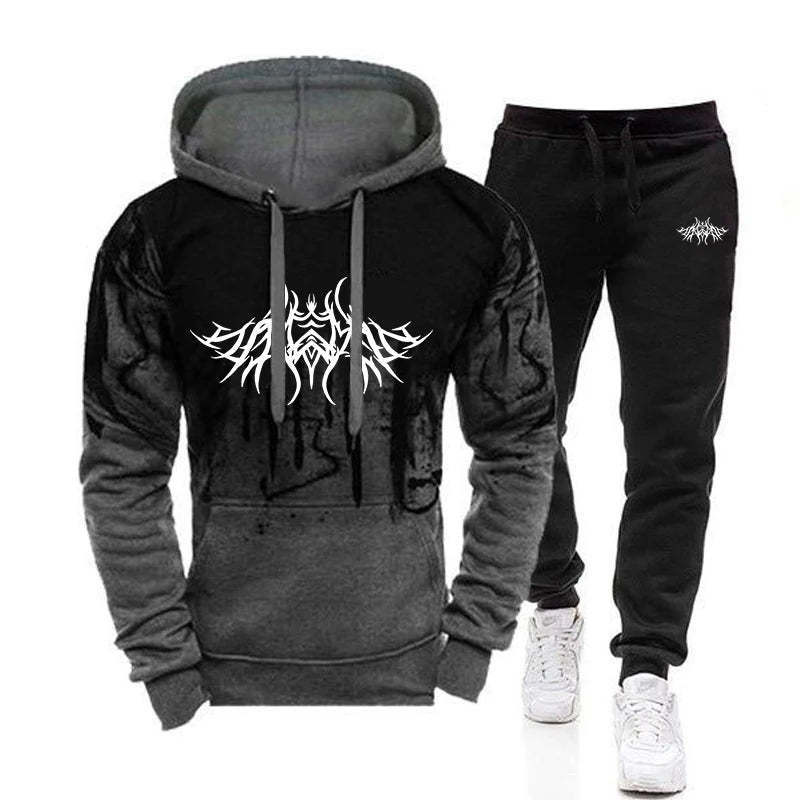 Mens Tracksuit Splash-ink Hooded Sweatshirt Casual Trousers