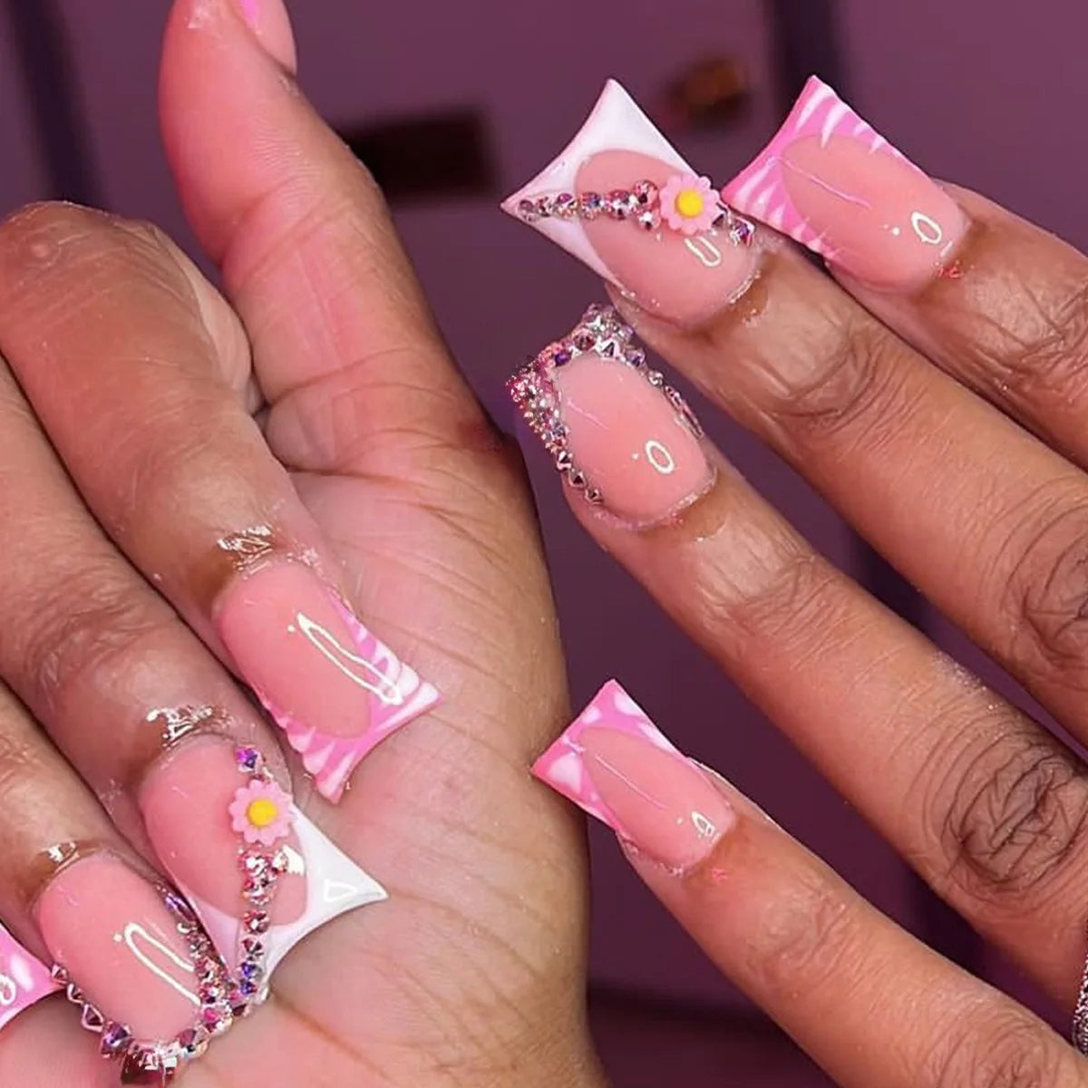 24Pcs French Fake Nails Pink Rhinestone Design False Nail Duckbill Shaped Wearable Manicure Full Cover Press on Nails for Women