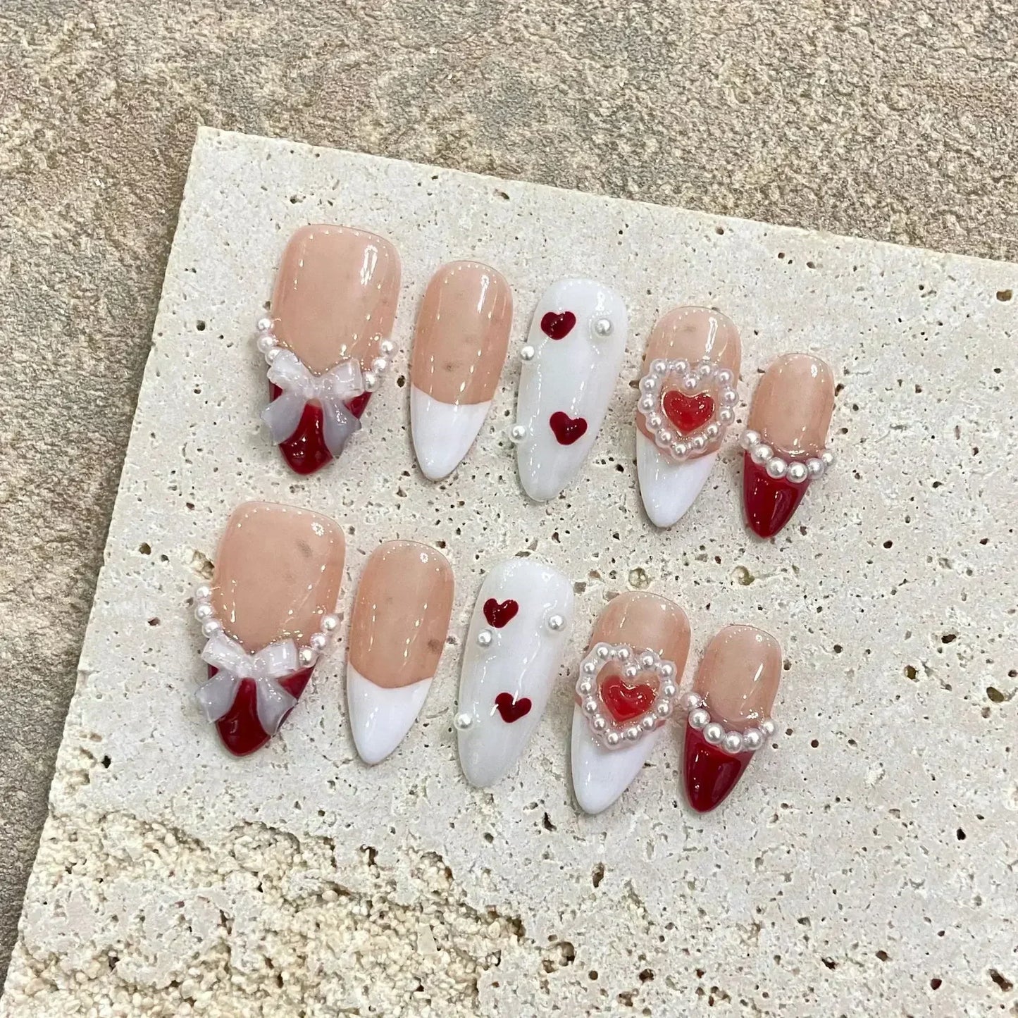 10Pcs Pink Handmade Press on Nails Full Cover Bow Tie Rhinestone Design