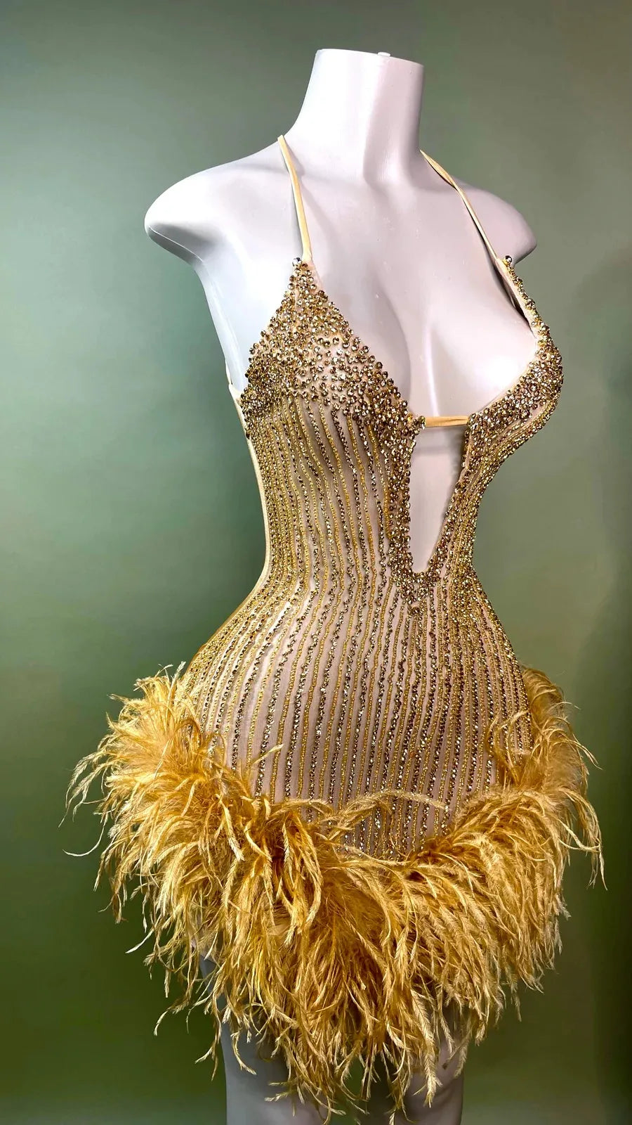 Luxurious Halter Sparkly Beaded Crystals Women Cocktail Birthday Party Gowns Golden Feather