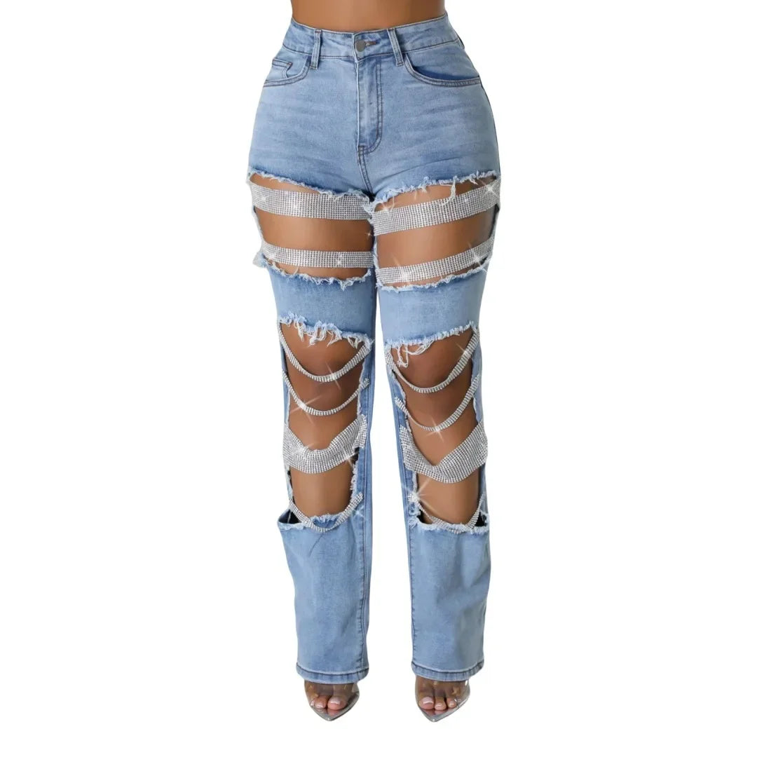 Pearl Beading Ripped Hollow Out Tassel Wide Leg Jeans 2025