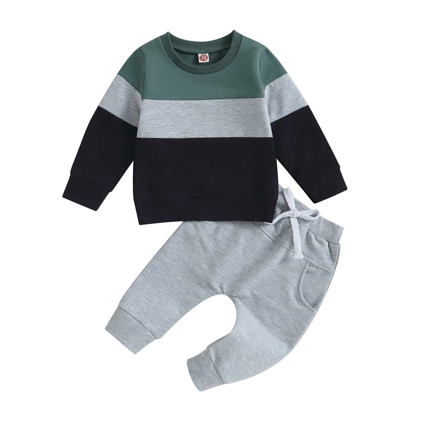 Toddler Baby Boy Fall Winter Clothes Color Block Long Sleeve Sweatshirt Pullover Top Pants Sweatsuit Set Outfits 0-3T